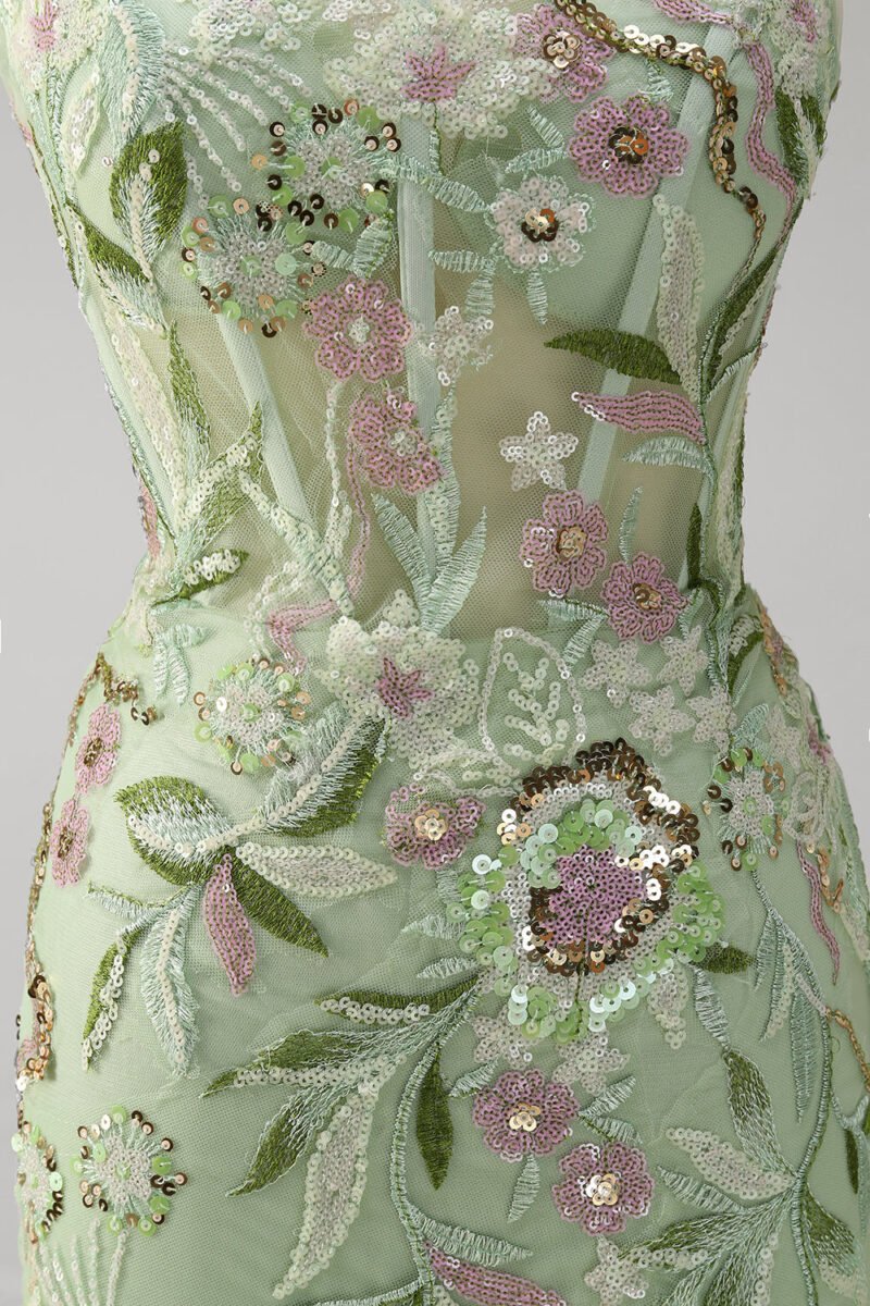 Green Sequin Corset Appliqued Long Prom Dress with Slit