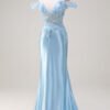 Sky Blue Off-the-Shoulder Mermaid Floral Prom Dress