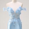Sky Blue Off-the-Shoulder Mermaid Floral Prom Dress