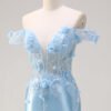 Sky Blue Off-the-Shoulder Mermaid Floral Prom Dress
