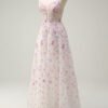 White and Pink Sequin Spaghetti Strap Prom Dress – Elegant Evening Gown