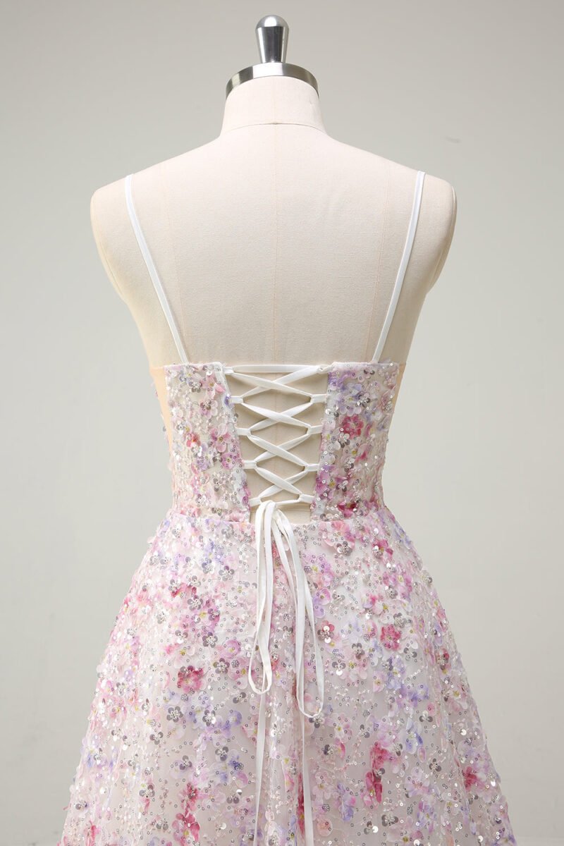 White and Pink Sequin Spaghetti Strap Prom Dress – Elegant Evening Gown