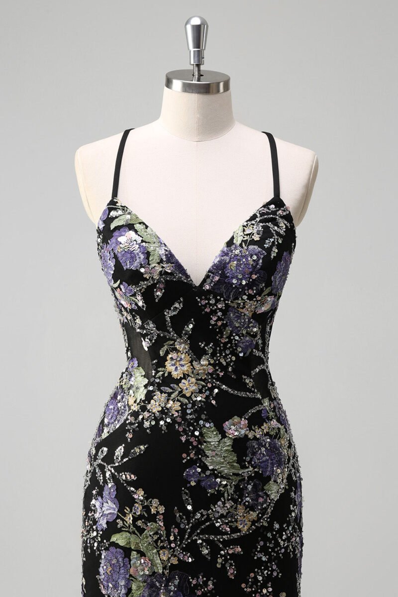 Elegant Black Sequin Spaghetti Strap Prom Dress