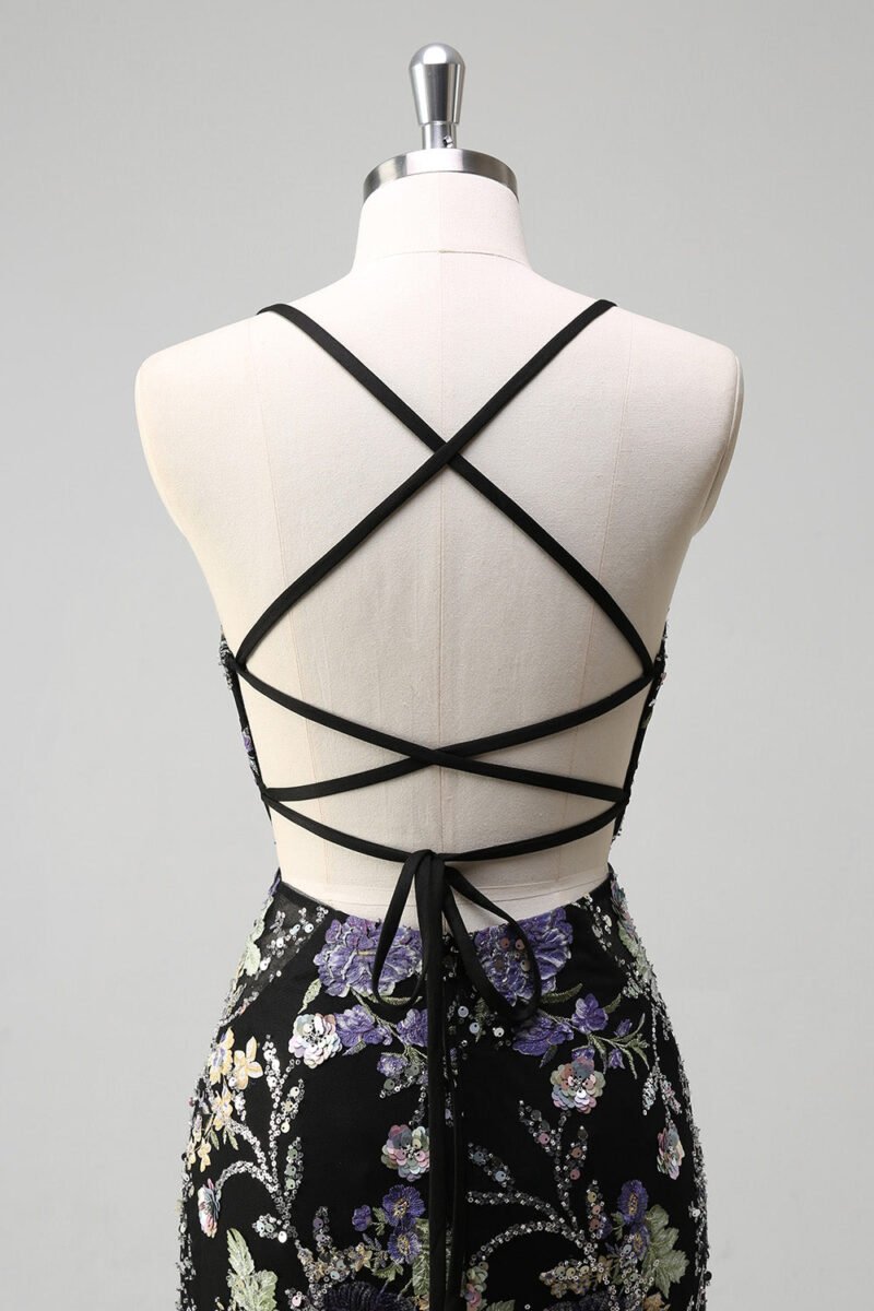 Elegant Black Sequin Spaghetti Strap Prom Dress