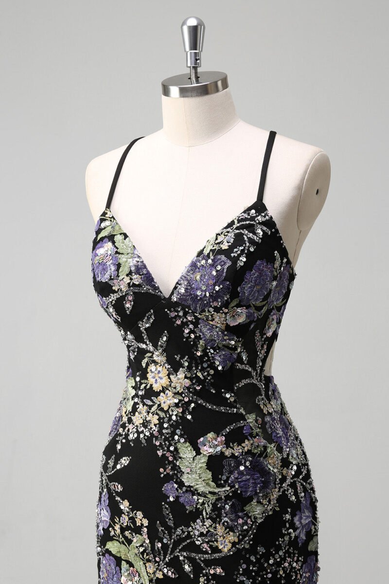 Elegant Black Sequin Spaghetti Strap Prom Dress