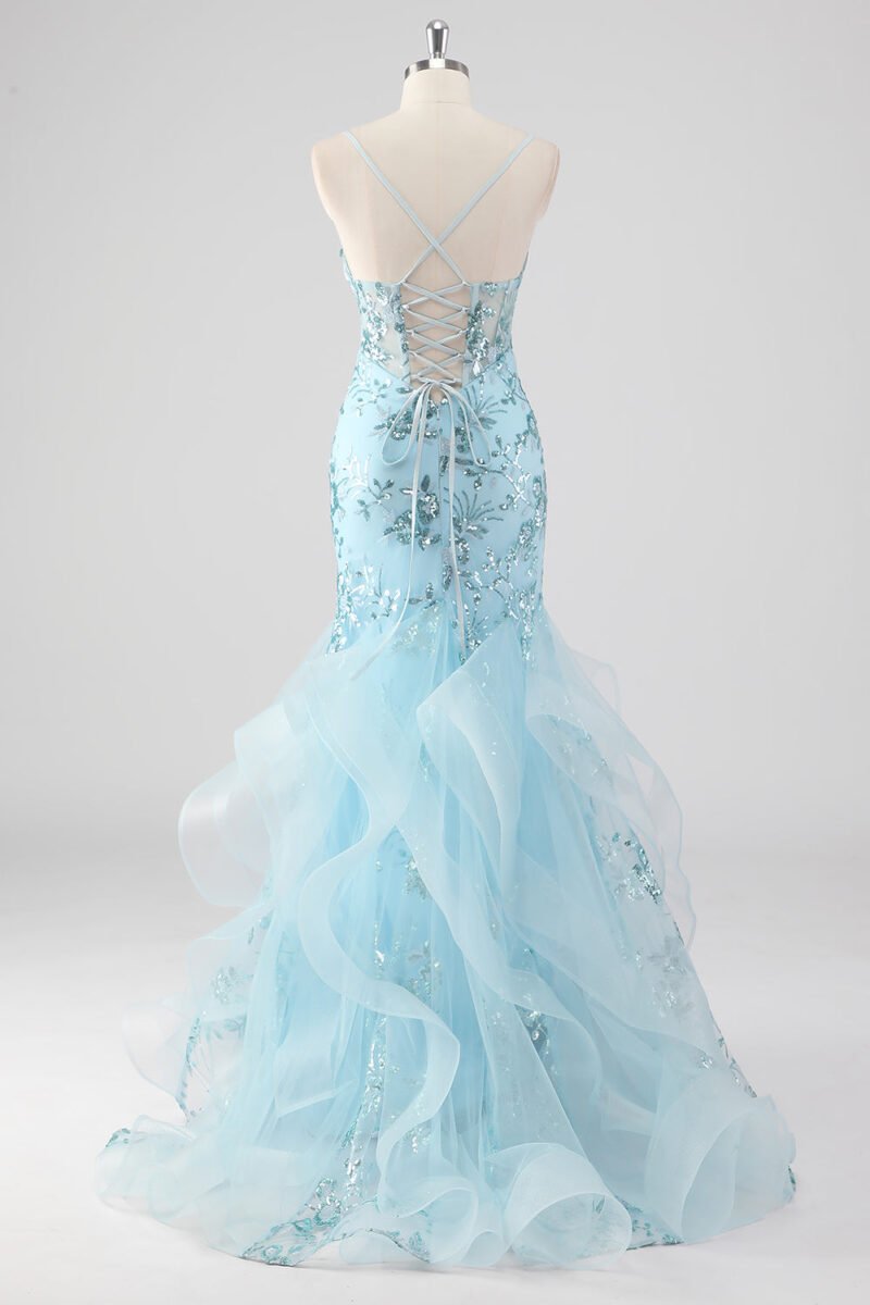 Sky Blue Lace Sequin Ruffled Mermaid Prom Dress