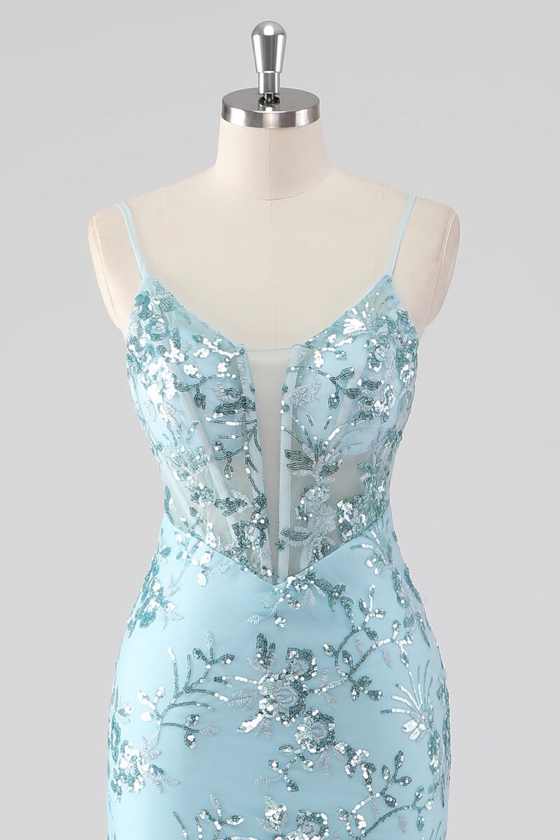 Sky Blue Lace Sequin Ruffled Mermaid Prom Dress