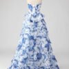 Blue Chiffon Printed Strapless A-Line Prom Dress