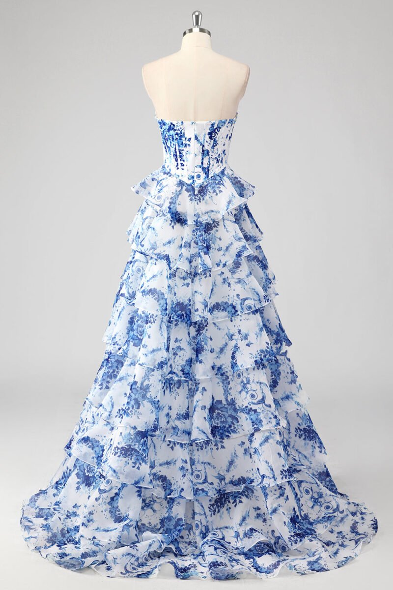 Blue Chiffon Printed Strapless A-Line Prom Dress