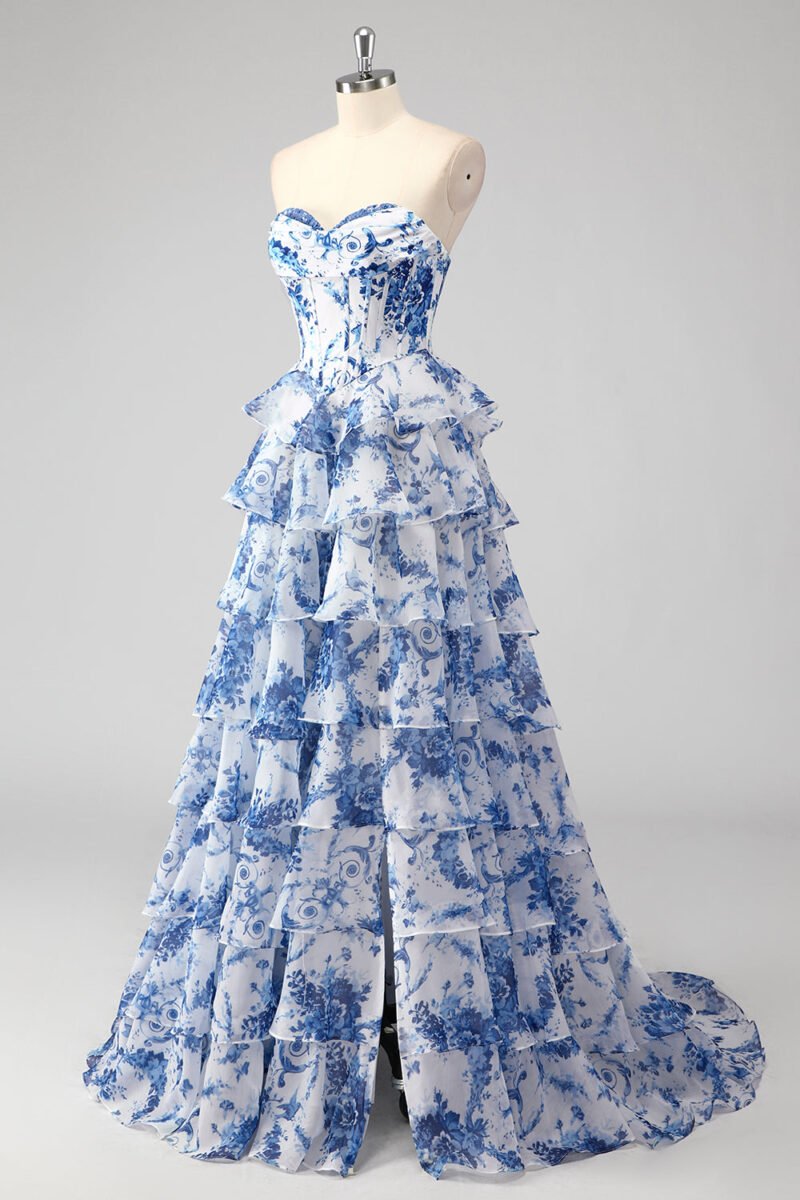 Blue Chiffon Printed Strapless A-Line Prom Dress