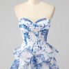 Blue Chiffon Printed Strapless A-Line Prom Dress