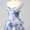 Blue Chiffon Printed Strapless A-Line Prom Dress