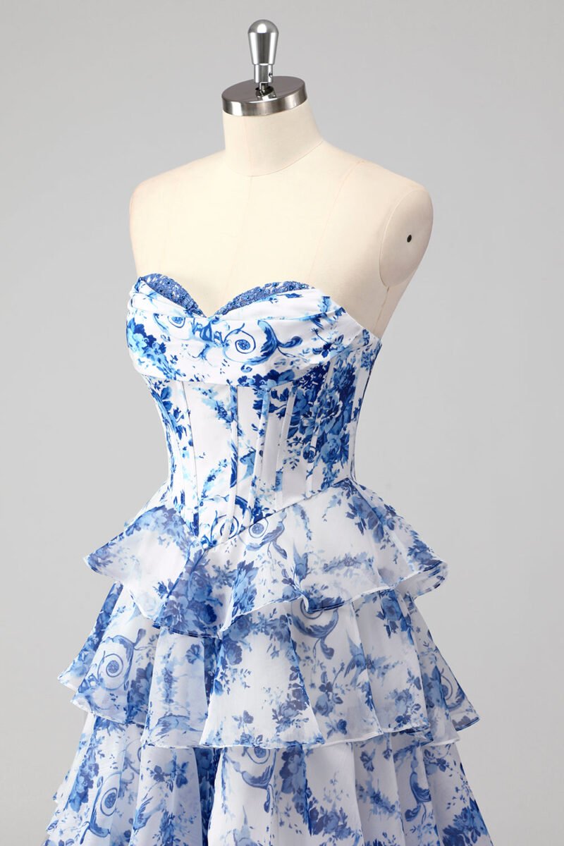 Blue Chiffon Printed Strapless A-Line Prom Dress