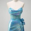 Blue Strapless Metallic Mermaid Prom Dress with 3D Flowers