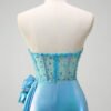 Blue Strapless Metallic Mermaid Prom Dress with 3D Flowers
