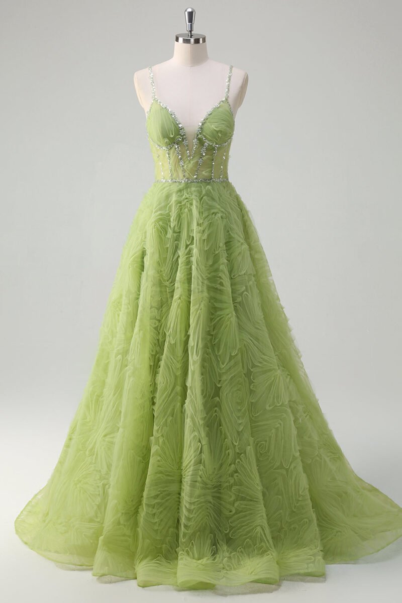 Green A-Line V-Neck Prom Dress – Spaghetti Strap Gown with Appliques