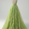 Green A-Line V-Neck Prom Dress – Spaghetti Strap Gown with Appliques