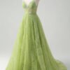 Green A-Line V-Neck Prom Dress – Spaghetti Strap Gown with Appliques