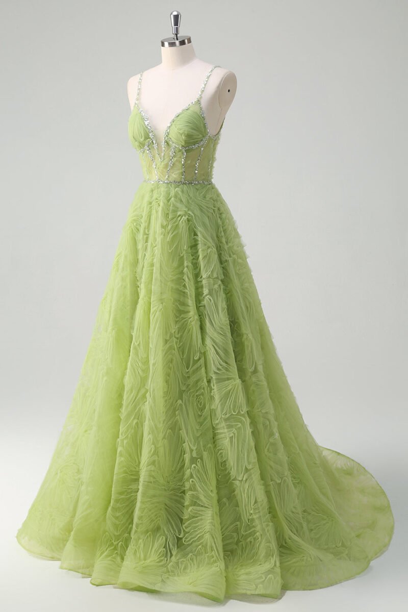 Green A-Line V-Neck Prom Dress – Spaghetti Strap Gown with Appliques