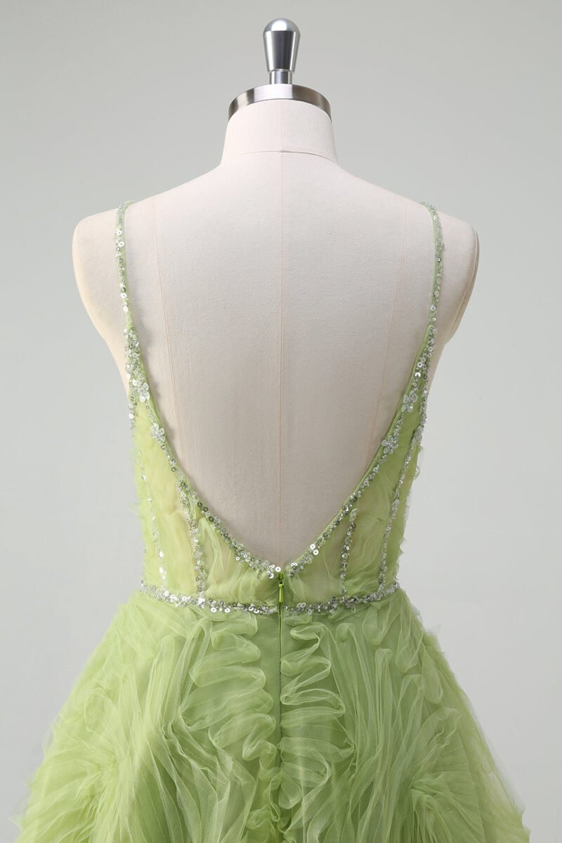 Green A-Line V-Neck Prom Dress – Spaghetti Strap Gown with Appliques