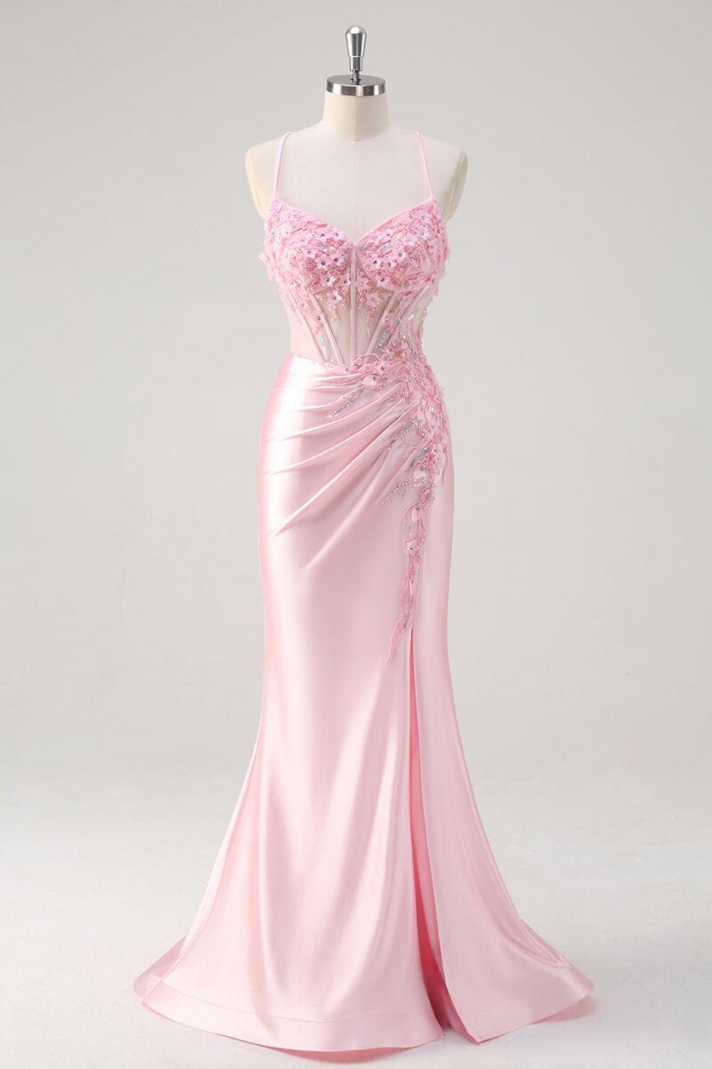 Pink Mermaid V-Neck Prom Dress – Pleated Spaghetti Strap Evening Gown