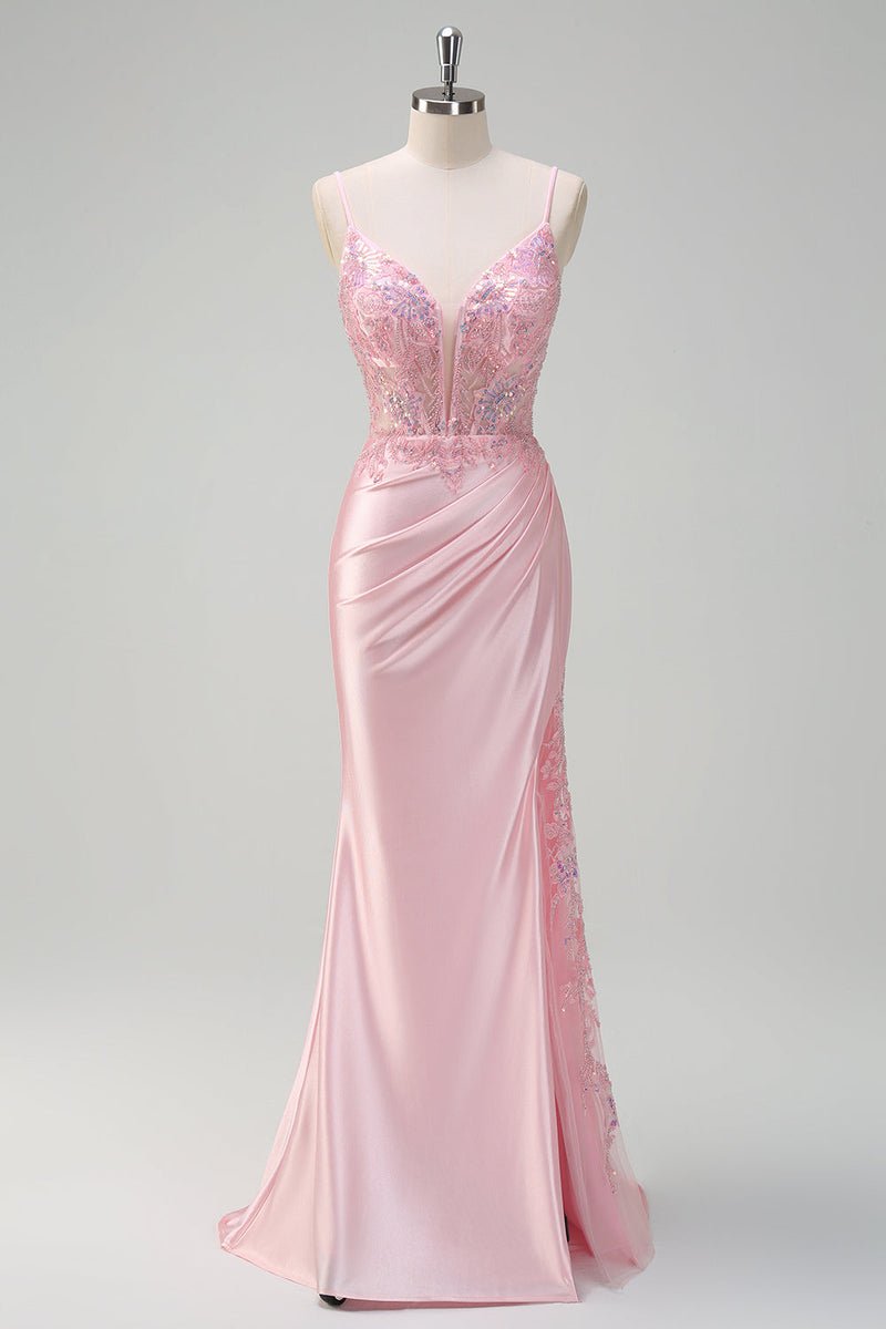 Sparkly Pink Sequin Corset Mermaid Prom Dress