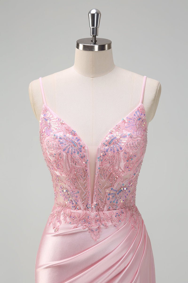 Sparkly Pink Sequin Corset Mermaid Prom Dress
