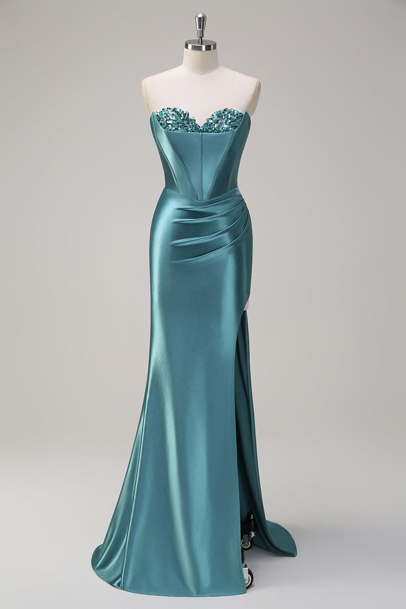 Green Strapless Sequin Corset Satin Mermaid Prom Dress with Slit