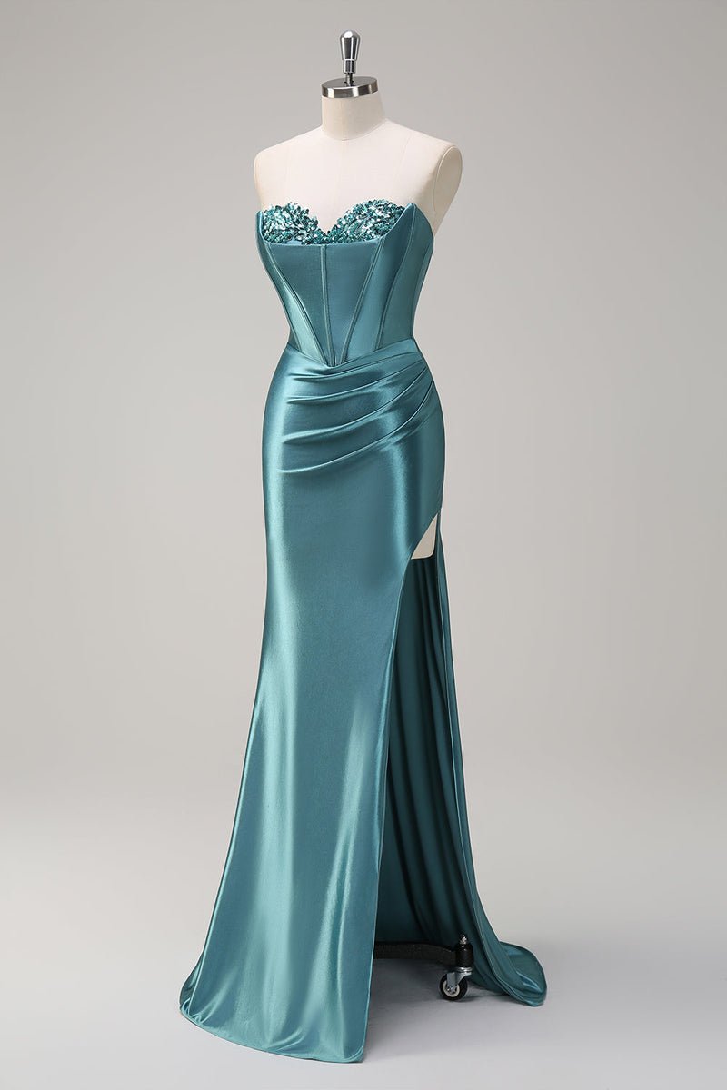 Green Strapless Sequin Corset Satin Mermaid Prom Dress with Slit
