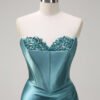 Green Strapless Sequin Corset Satin Mermaid Prom Dress with Slit