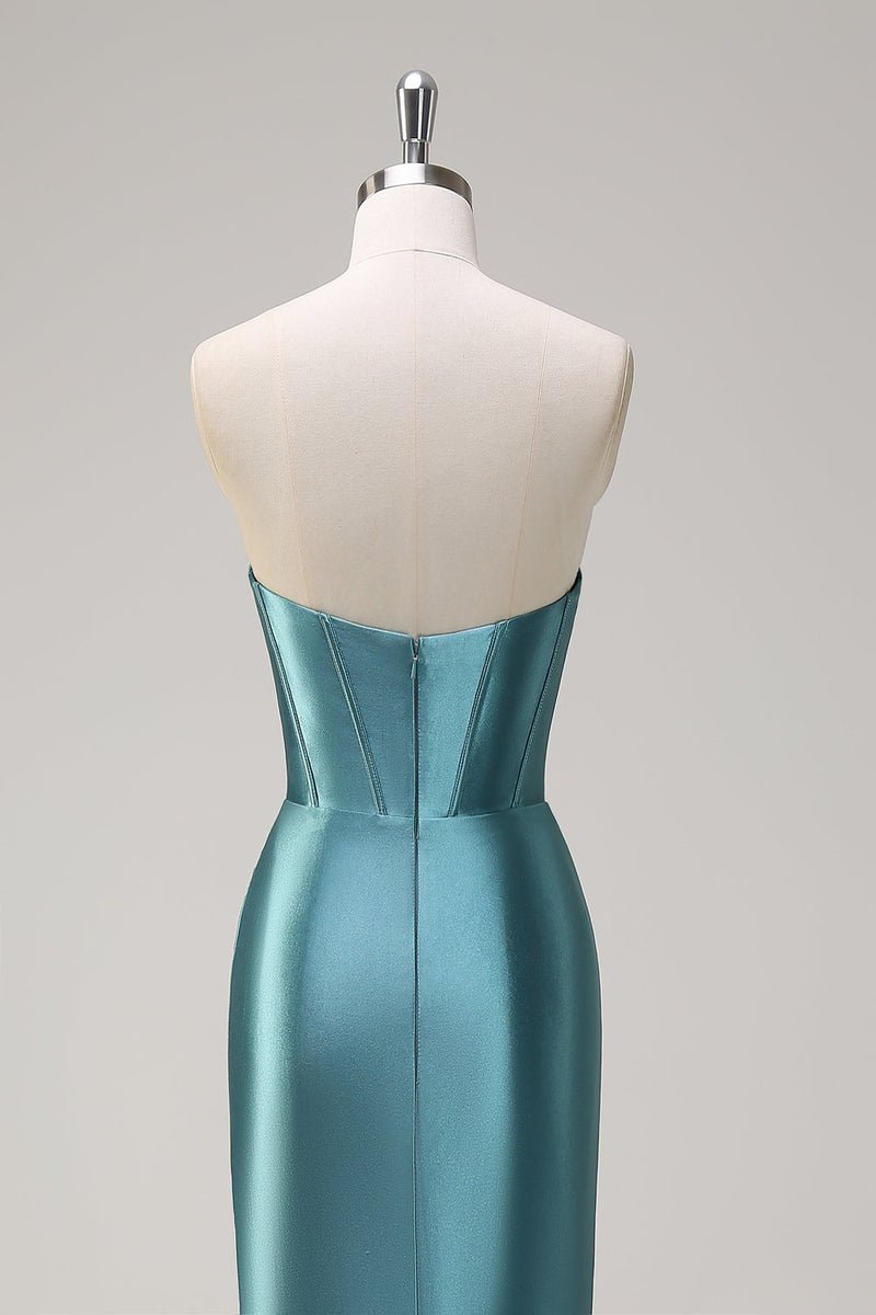 Green Strapless Sequin Corset Satin Mermaid Prom Dress with Slit