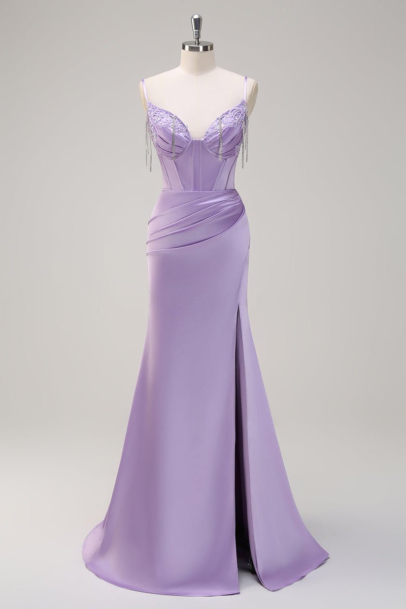 Lavender Ruched Corset Beaded Mermaid Prom Dress
