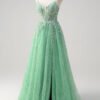 Green A-Line Prom Dress – Lace Appliques Sleeveless Evening Gown with Side Split