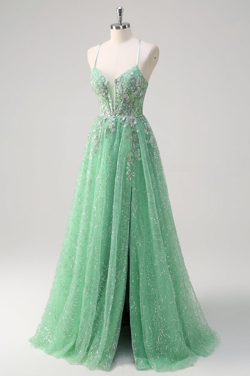 Green A-Line Prom Dress – Lace Appliques Sleeveless Evening Gown with Side Split