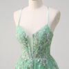 Green A-Line Prom Dress – Lace Appliques Sleeveless Evening Gown with Side Split