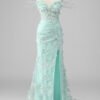 Green 3D Flower Corset Prom Dress – Appliqued Long Gown with High Slit