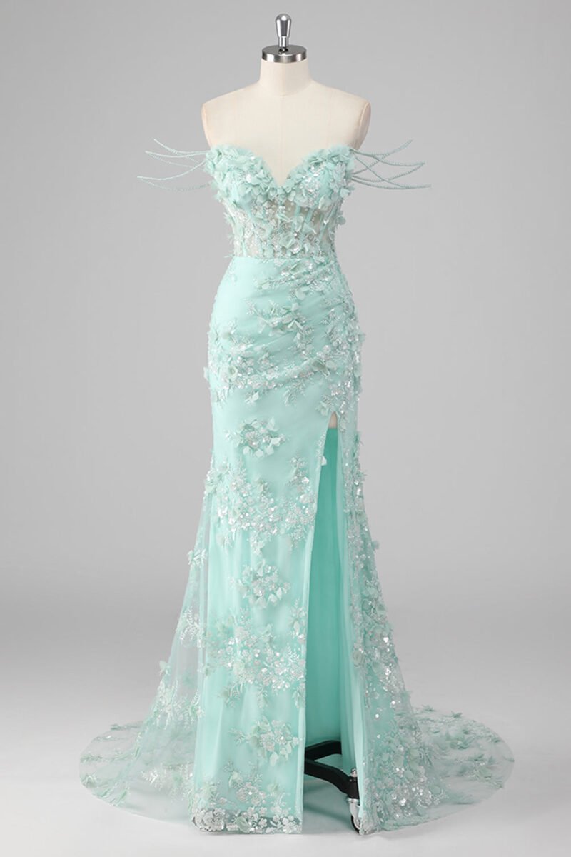 Green 3D Flower Corset Prom Dress – Appliqued Long Gown with High Slit