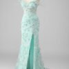 Green 3D Flower Corset Prom Dress – Appliqued Long Gown with High Slit