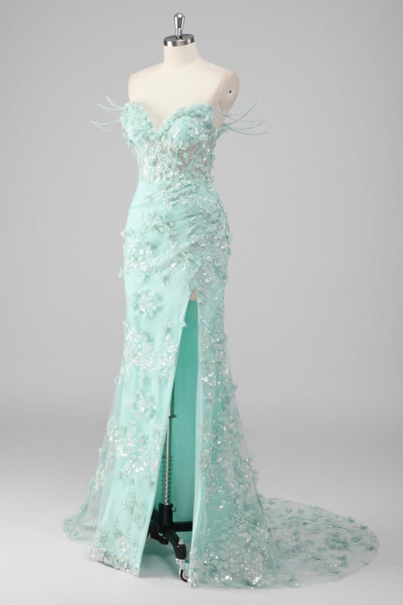 Green 3D Flower Corset Prom Dress – Appliqued Long Gown with High Slit