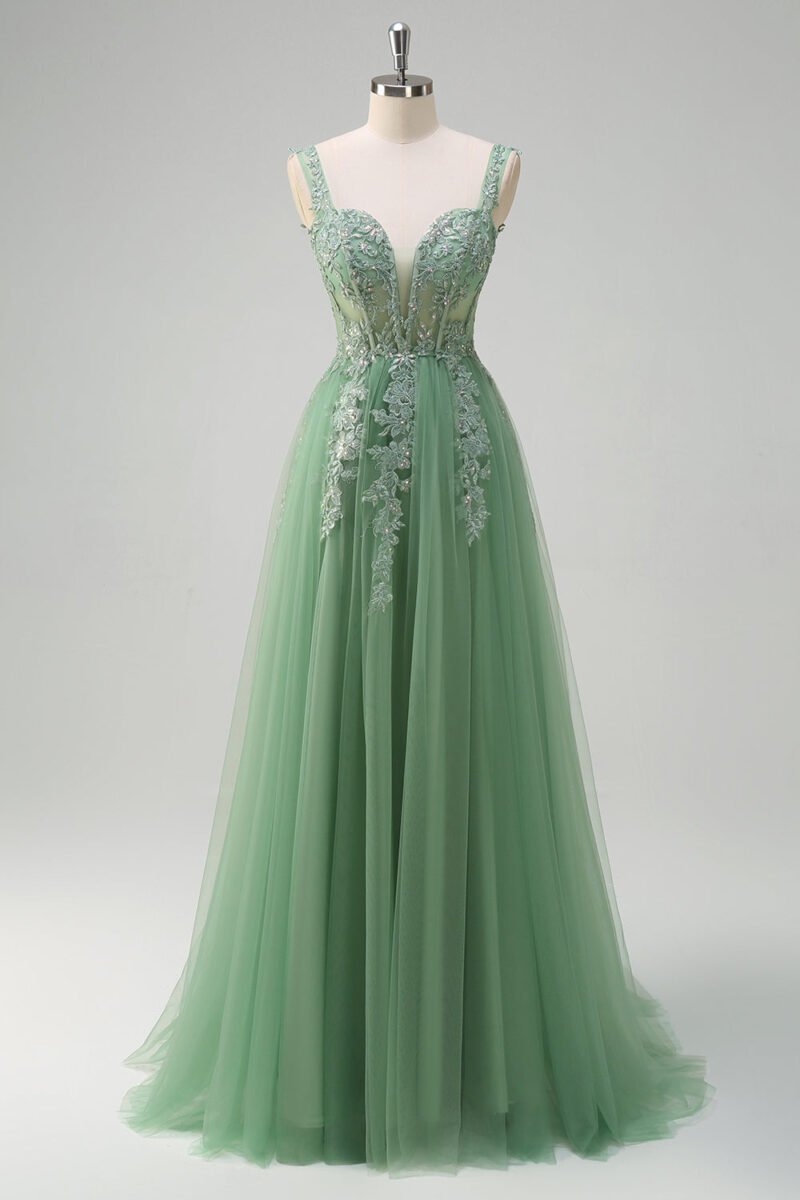 A-Line Green Tulle Spaghetti Strap Prom Dress – Sequin Applique Evening Gown