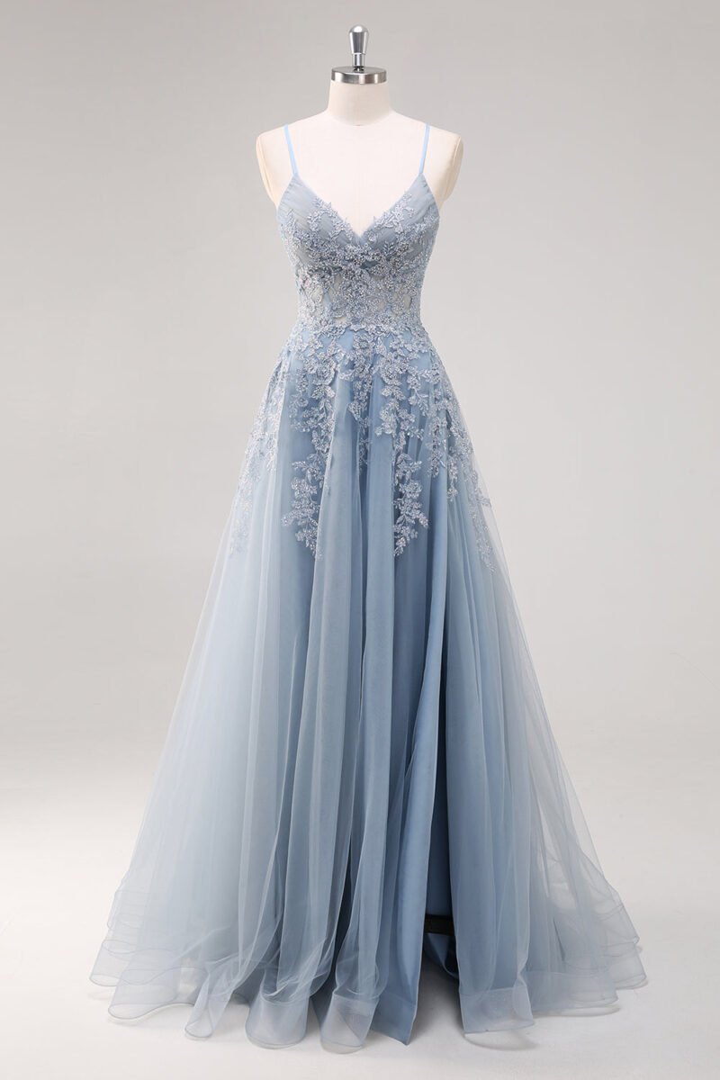 Blue Tulle A-Line Spaghetti Strap Long Prom Dress with Slit – Elegant Evening Gown