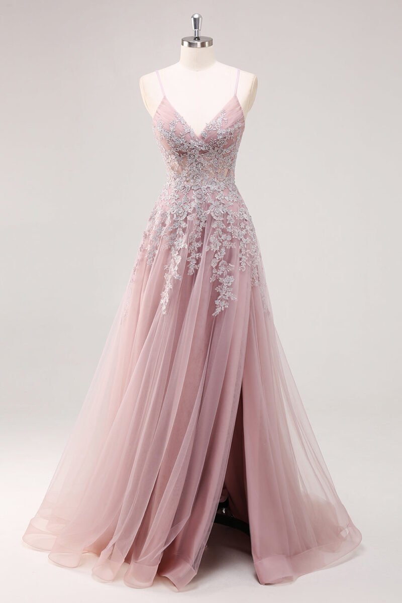 Pink Tulle A-Line Spaghetti Strap Long Prom Dress with Slit – Elegant Evening Gown