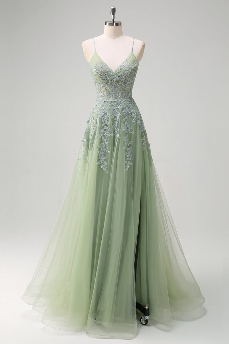 Green Tulle A-Line Spaghetti Strap Long Prom Dress with Slit – Elegant Evening Gown