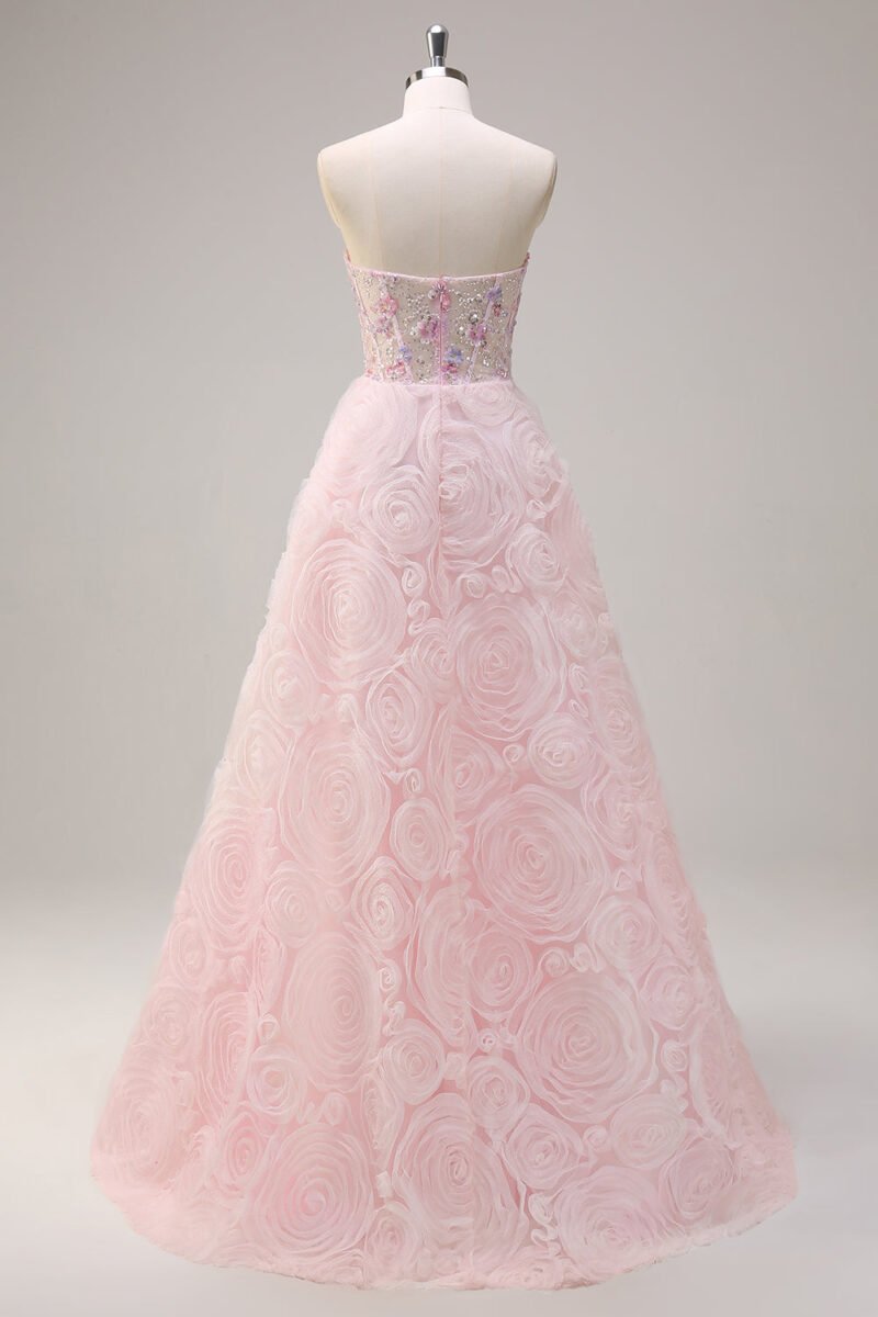 Pink Rose Flower Sequin Prom Dress – Elegant Evening Gown
