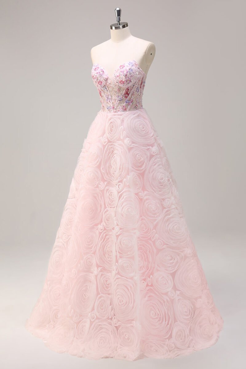 Pink Rose Flower Sequin Prom Dress – Elegant Evening Gown