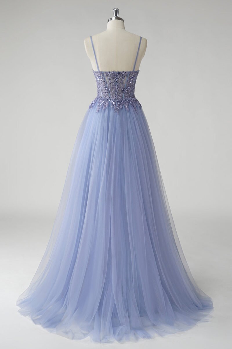 A-Line Sparkly Blue Tulle Prom Dress with Slit