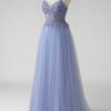 A-Line Sparkly Blue Tulle Prom Dress with Slit