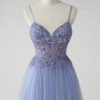 A-Line Sparkly Blue Tulle Prom Dress with Slit