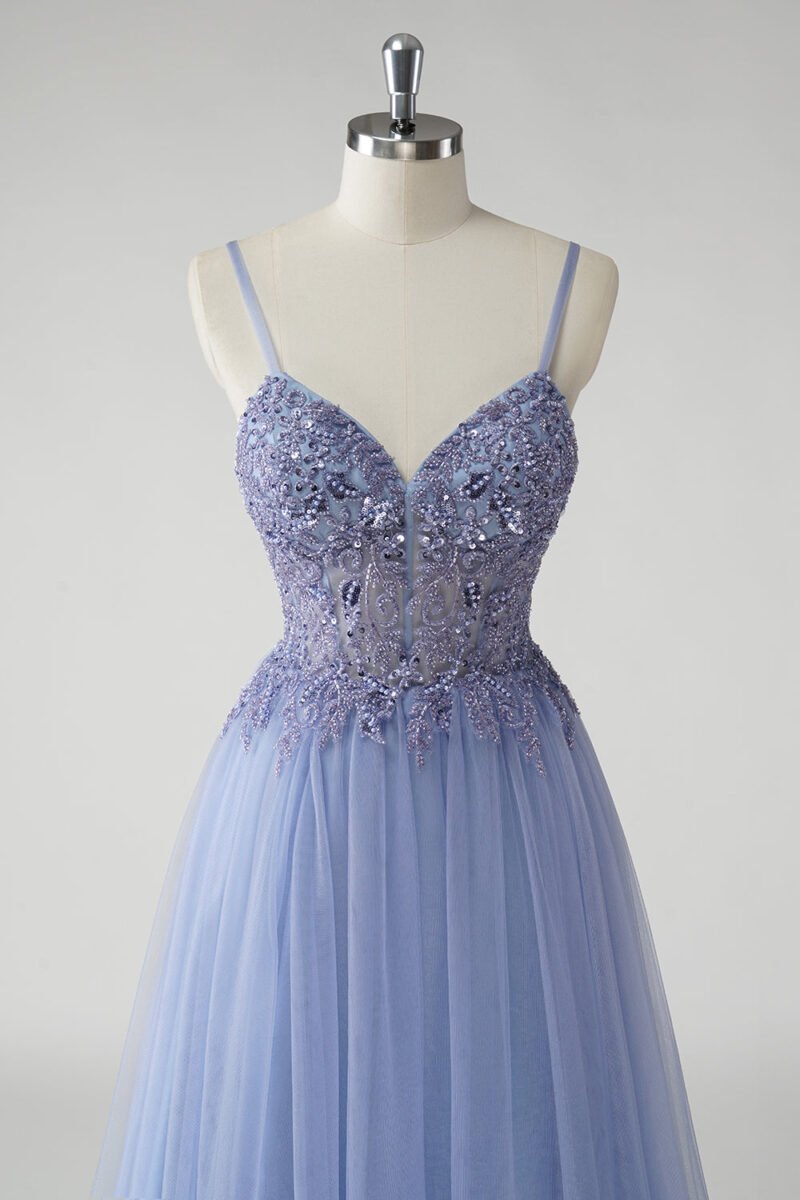 A-Line Sparkly Blue Tulle Prom Dress with Slit