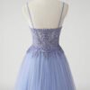 A-Line Sparkly Blue Tulle Prom Dress with Slit